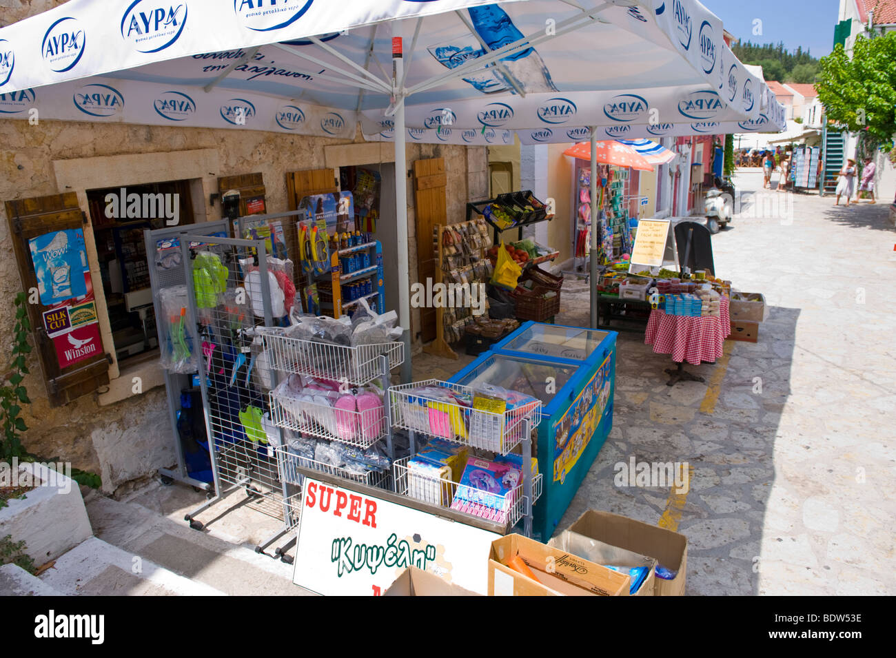 Tourist shop in village of Fiskardo on the Greek Mediterranean island of Kefalonia Greece GR Stock Photo