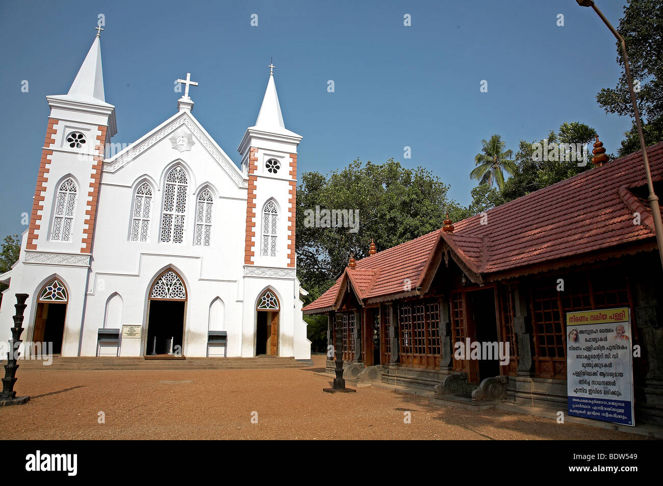 INDIA Niranam Syrian Orthodox church, one of eight founded by St. Thomas after 52 AD, Kerala. The new Gothic church early C20th Stock Photo