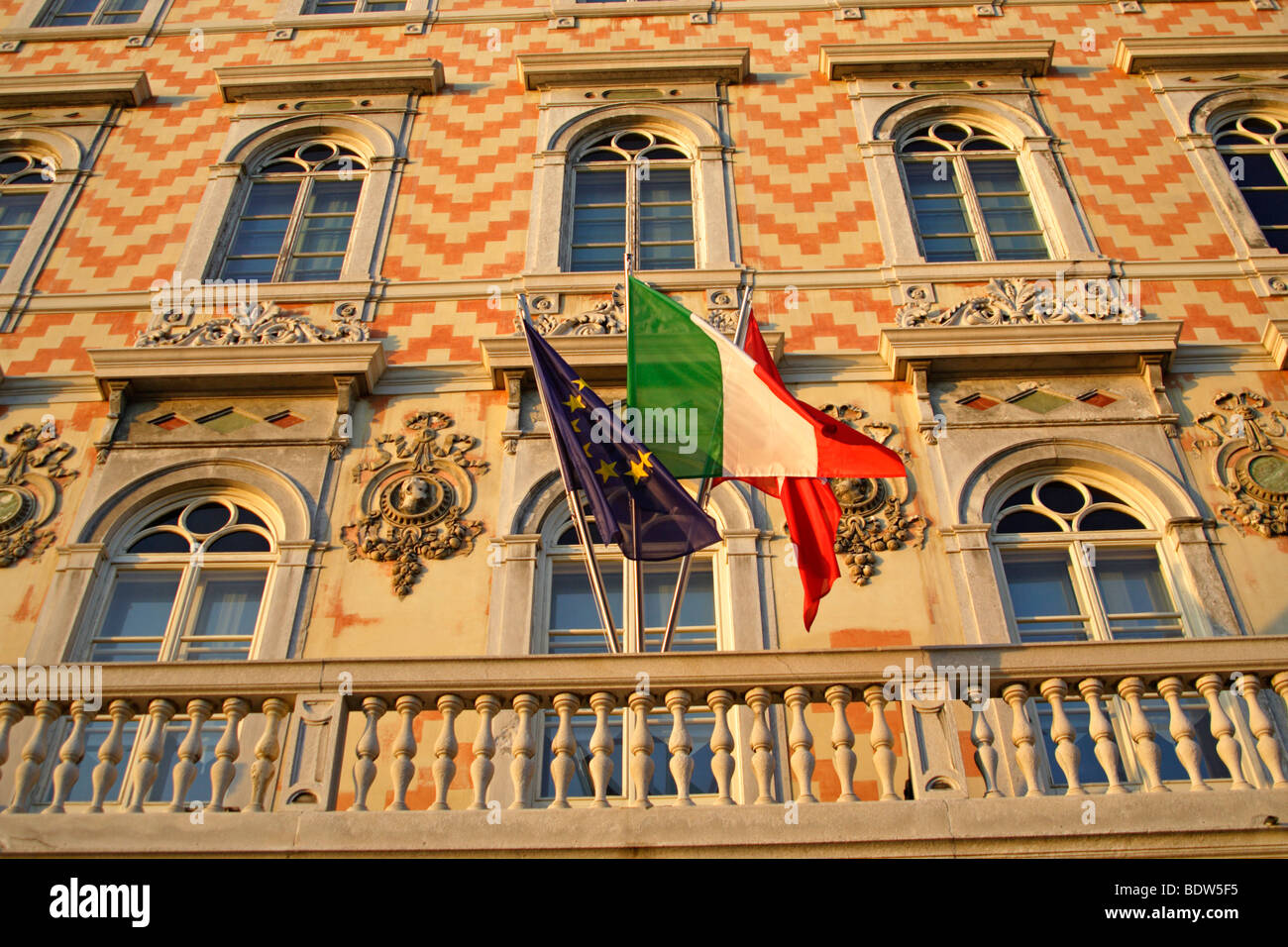 Decorative facade of the Museum of the Grand Canal with Italian and EU flags, Triest, Italy, Europe Stock Photo