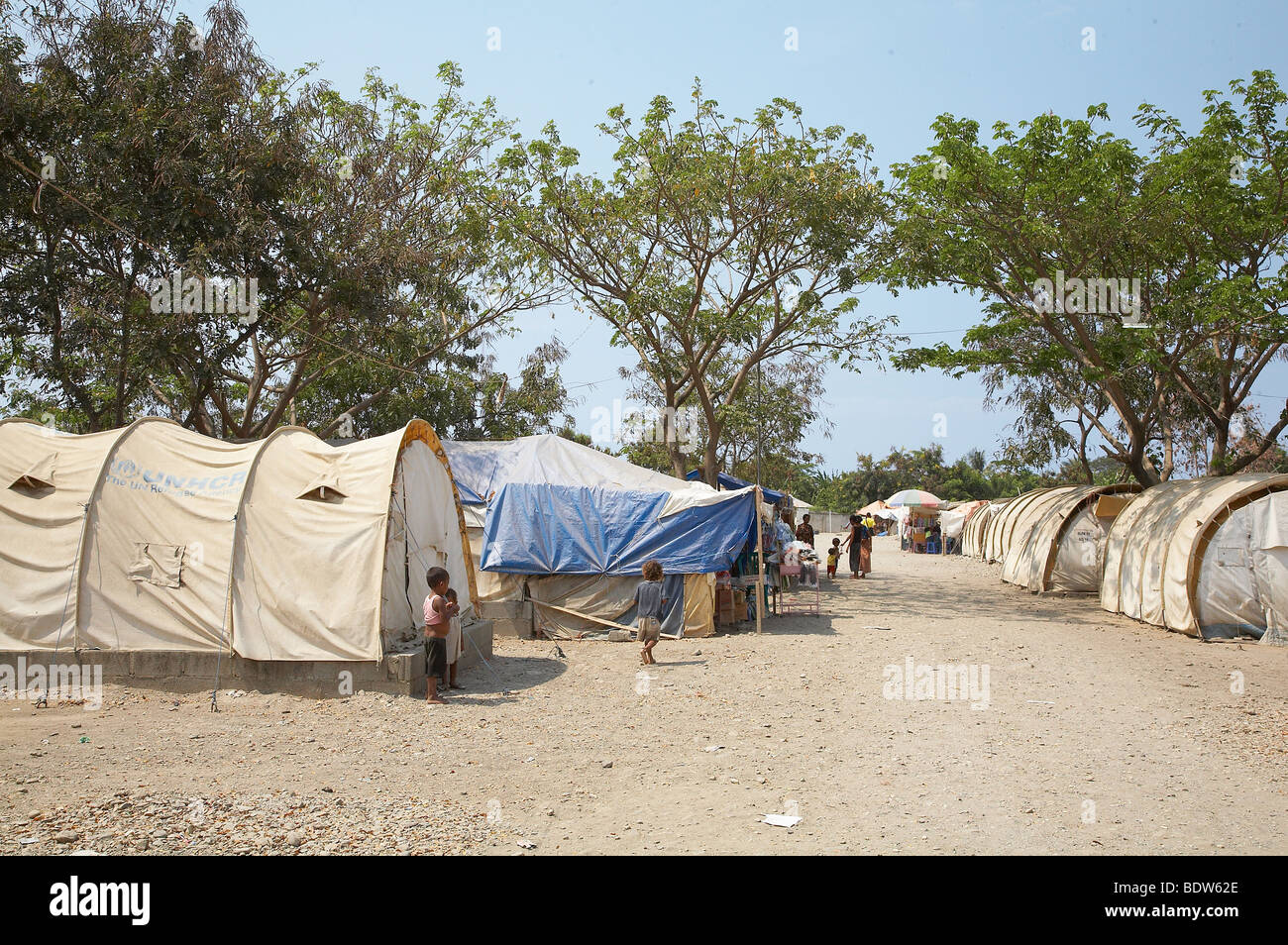 TIMOR LESTE Camp for internally displaced people (IDPs) at the Don Bosco Center in Dili. UN provided tents at the camp. Stock Photo