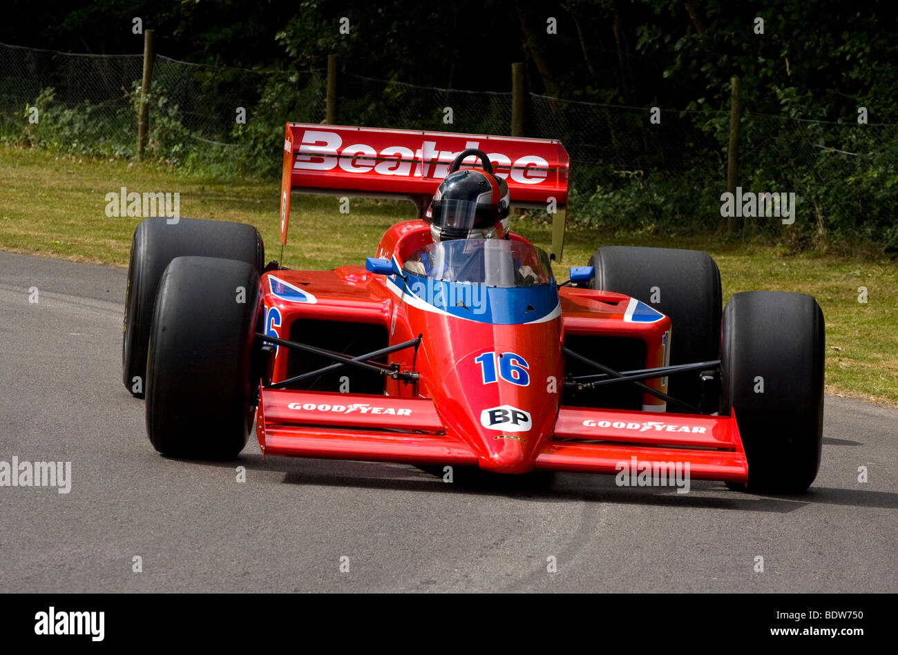 1985 Beatrice Lola-Hart THL1 GP car with driver Richard Meins at Goodwood Festival of Speed, Sussex, UK. Stock Photo