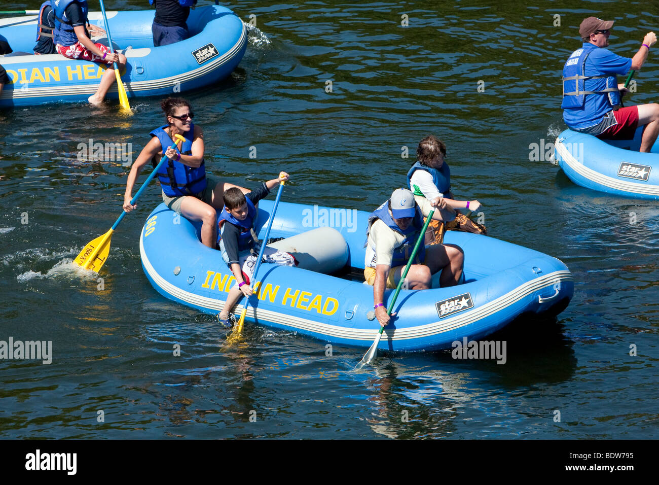 People on a float trip down the Delaware River. Raft, float, rubber