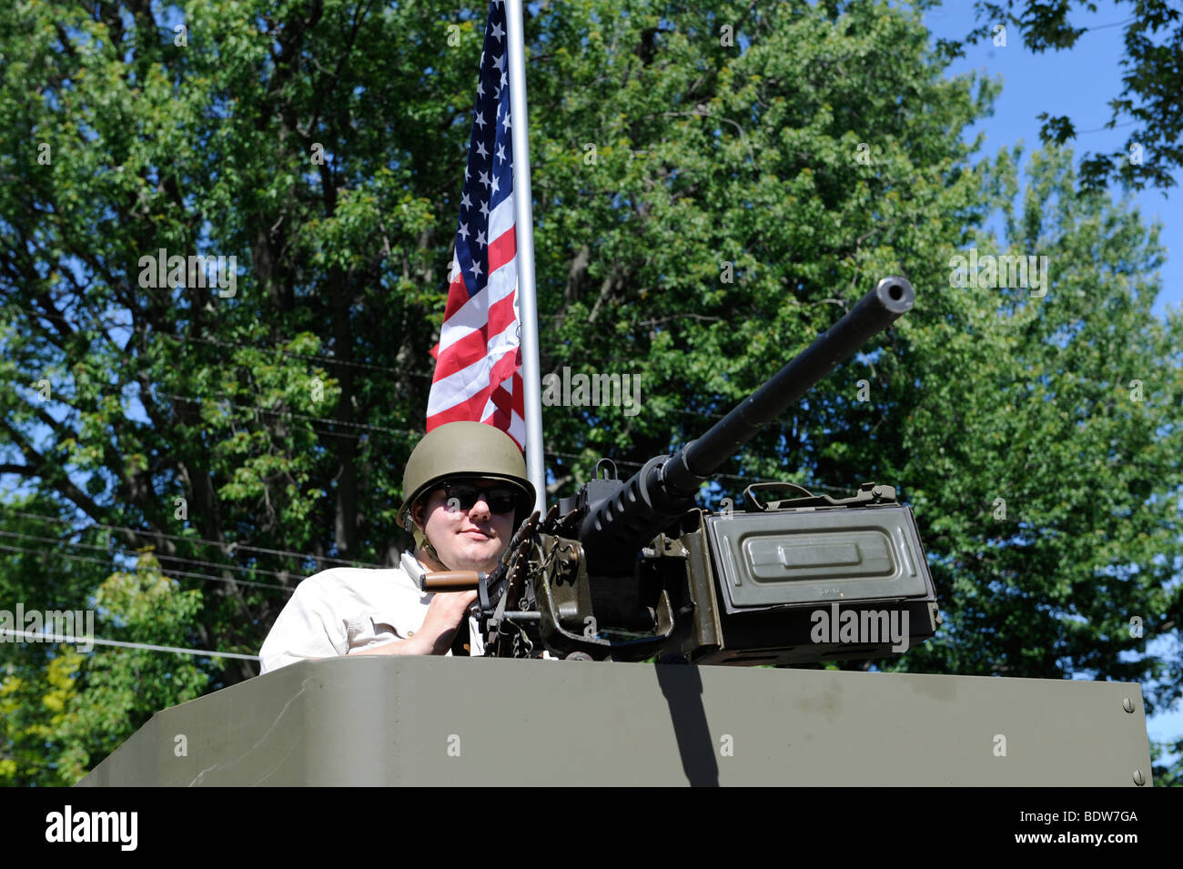 Military vehicle in patriotic parade Stock Photo