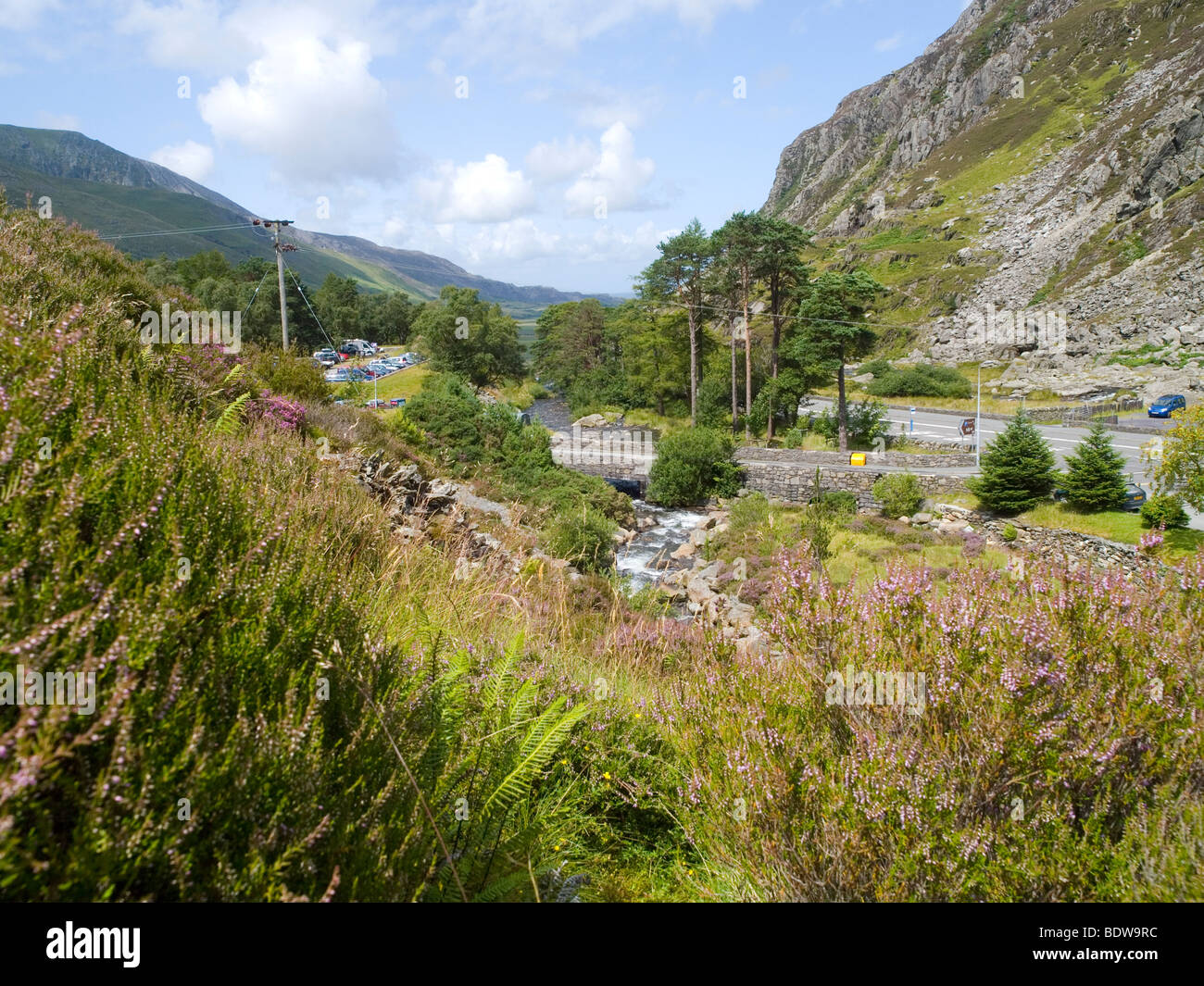 Looking down towards the main road by Ogwen Cottage Outdoor Pursuits Centre in Snowdonia, Wales UK Stock Photo