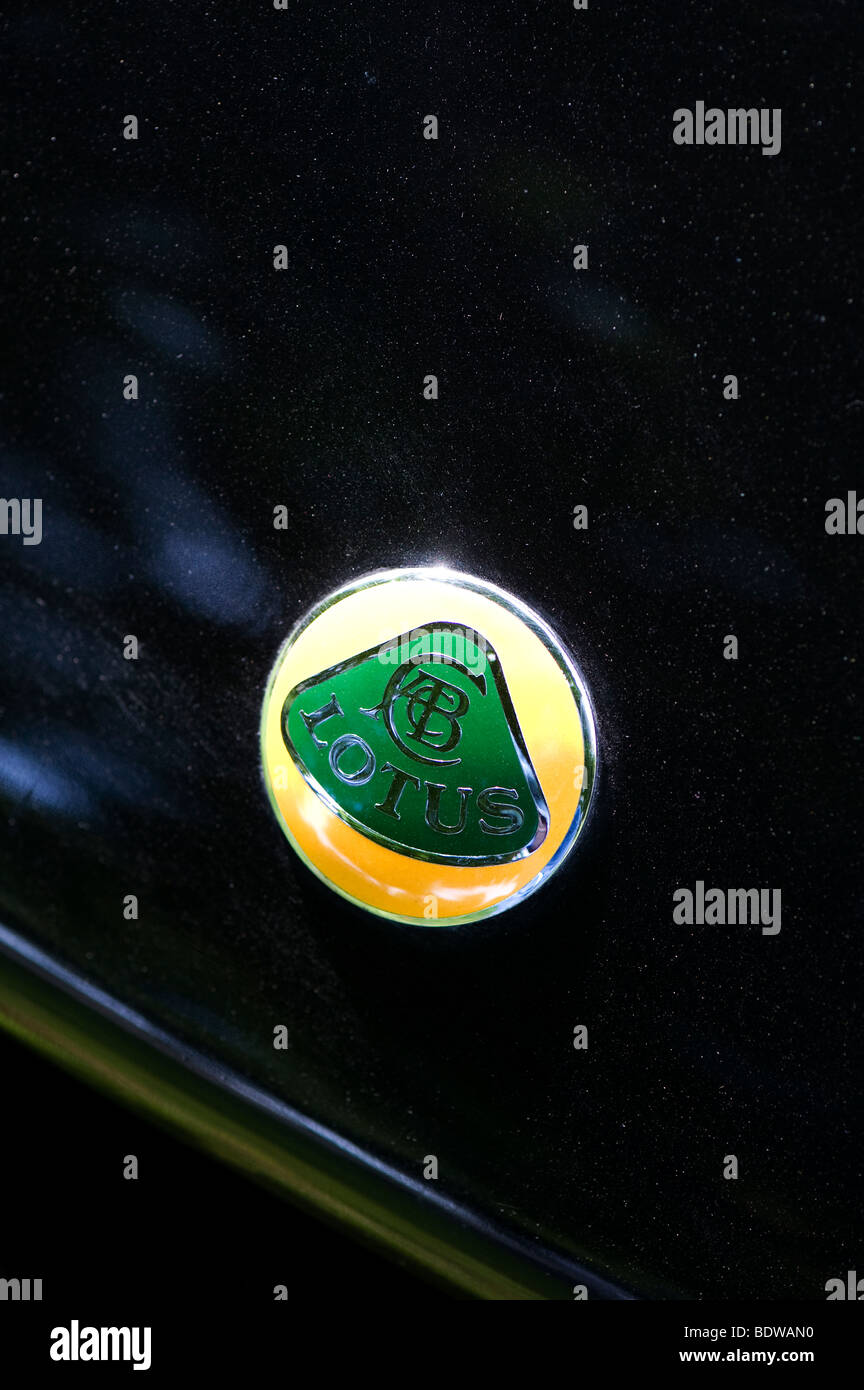 Lotus sports car badge on a black bonnet Stock Photo