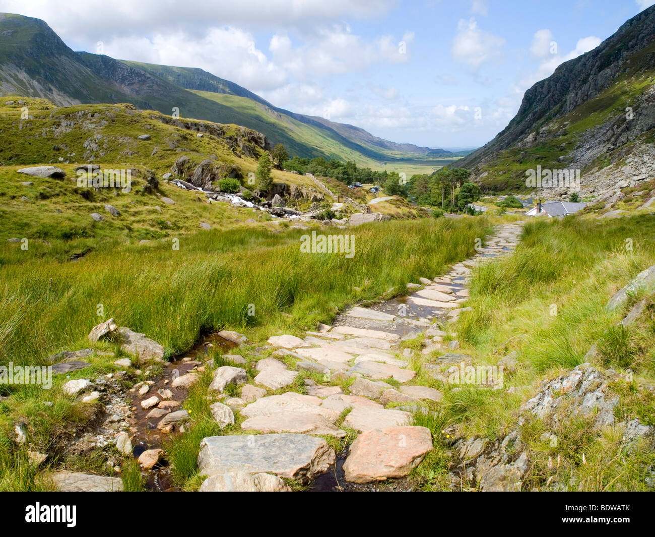 A rugged footpath leading down past Tryfan in Snowdonia, Wales UK Stock Photo
