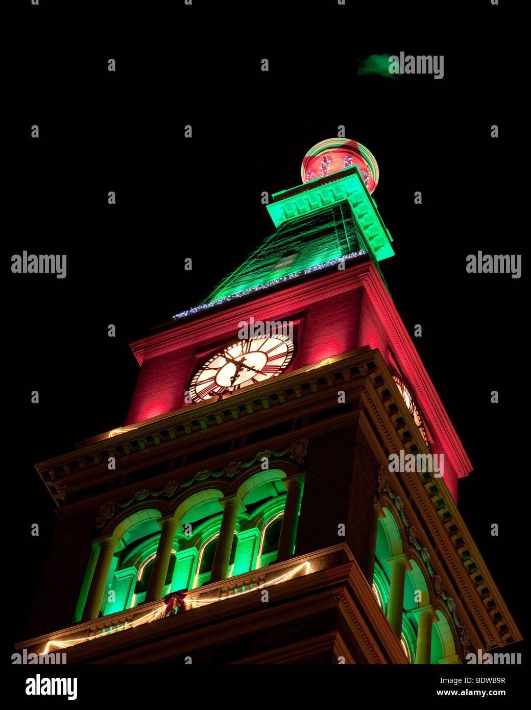 Daniels & Fisher clock tower lit up for Christmas on the 16th Street