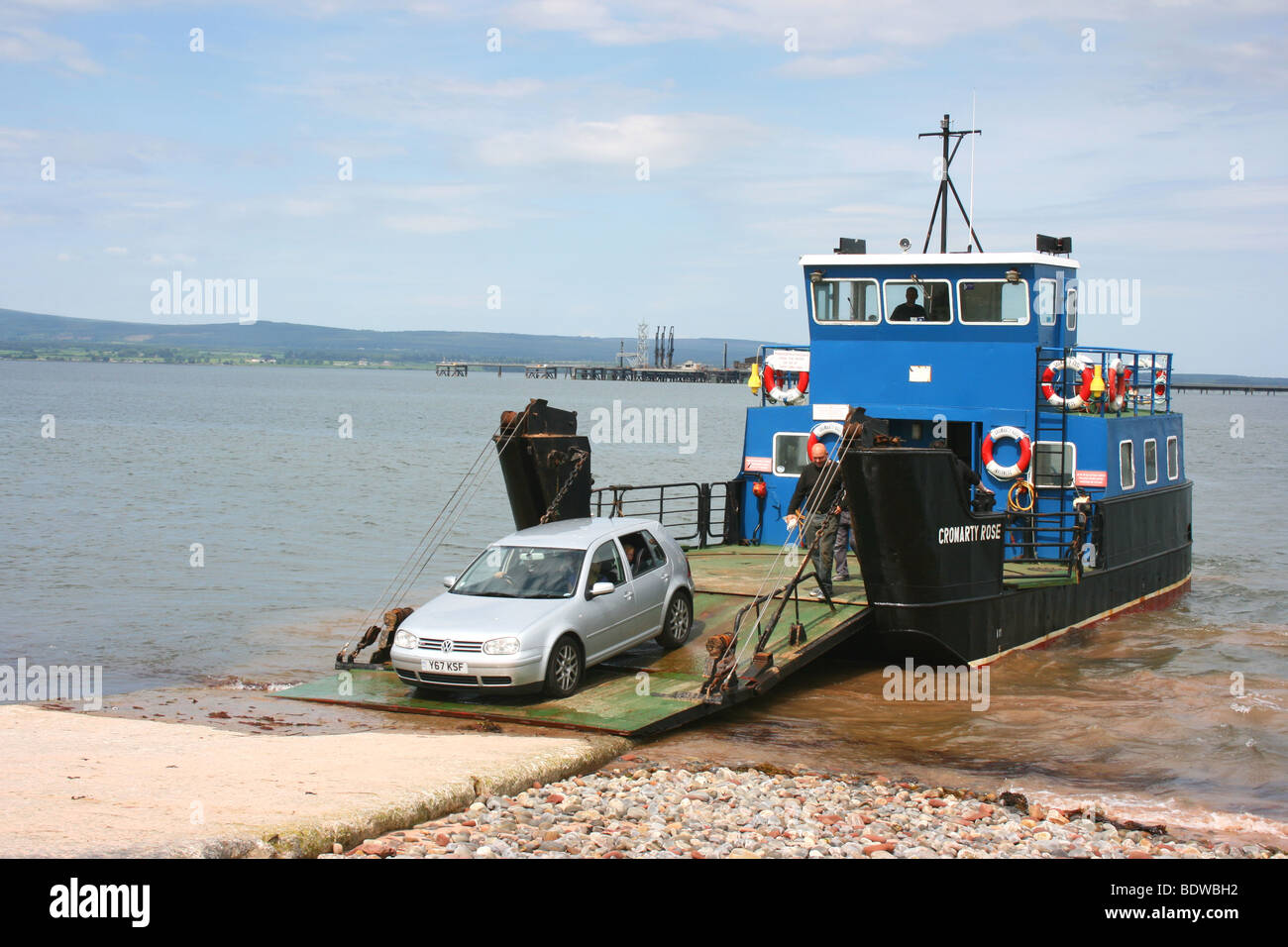 car disembarking the small ferry 'Cromarty Rose' at Cromarty on the Black Isle, Ross-shire, in the highlands of Scotland Stock Photo