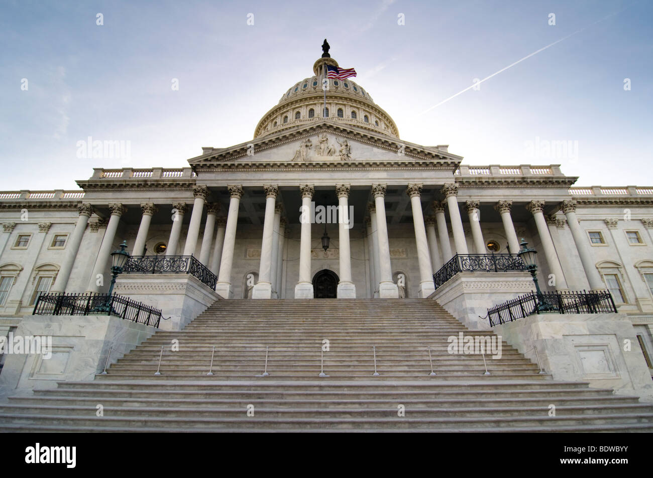 A view of the east steps of the United States Capitol Building. Stock Photo