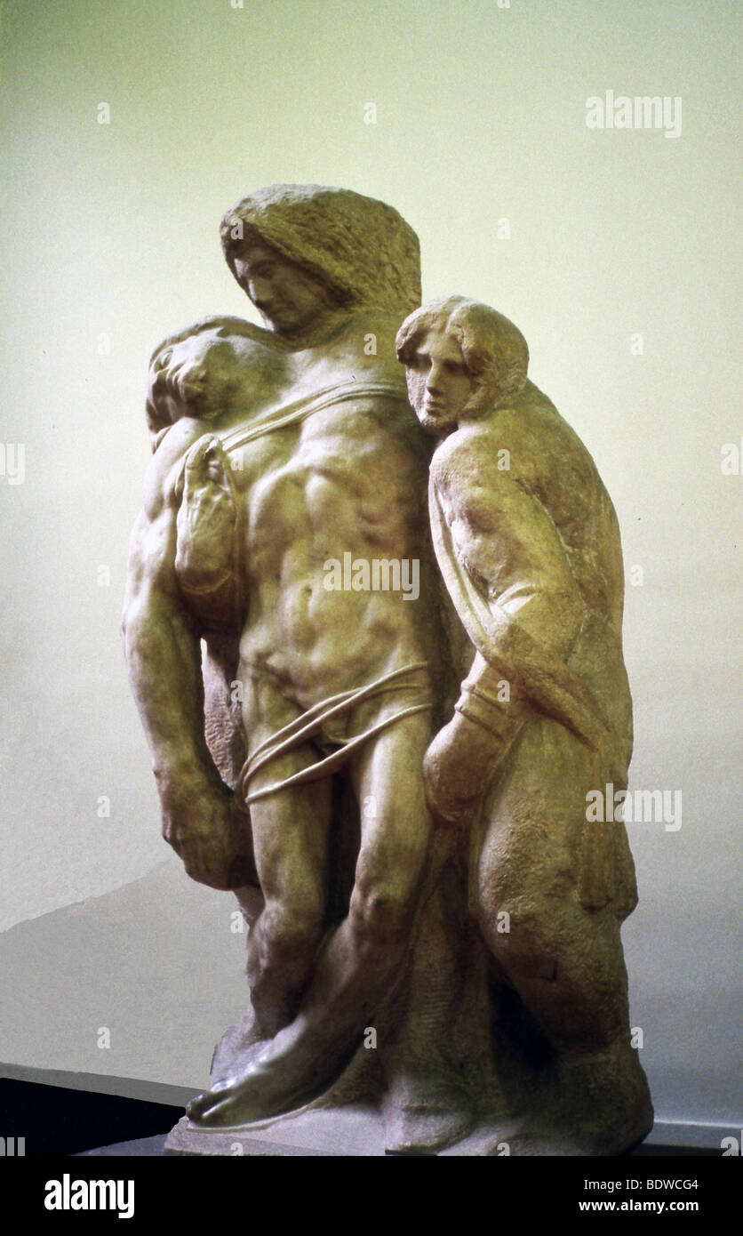 This sculpture, the "Palaestrina Pieta," was first attributed to  Michelangelo in 1756, but scholars now do not agree. Stock Photo