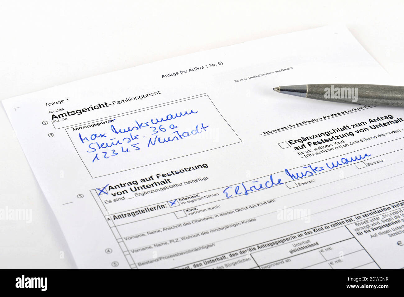 Application form for alimony at the district court Stock Photo