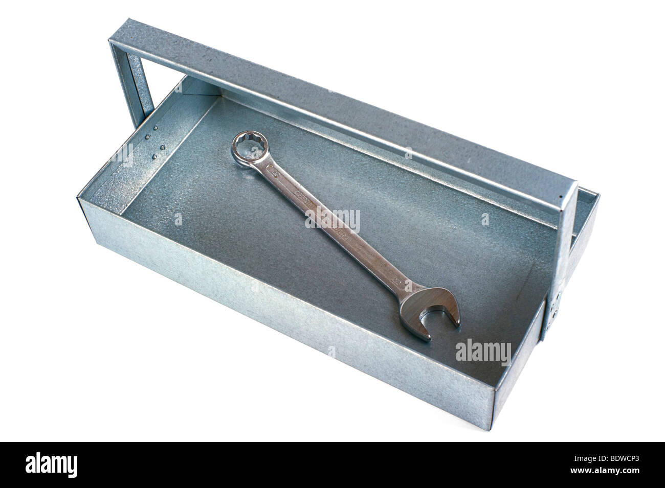 Handmade tool box, apprentice's work, made of galvanized sheet metal with a wrench Stock Photo