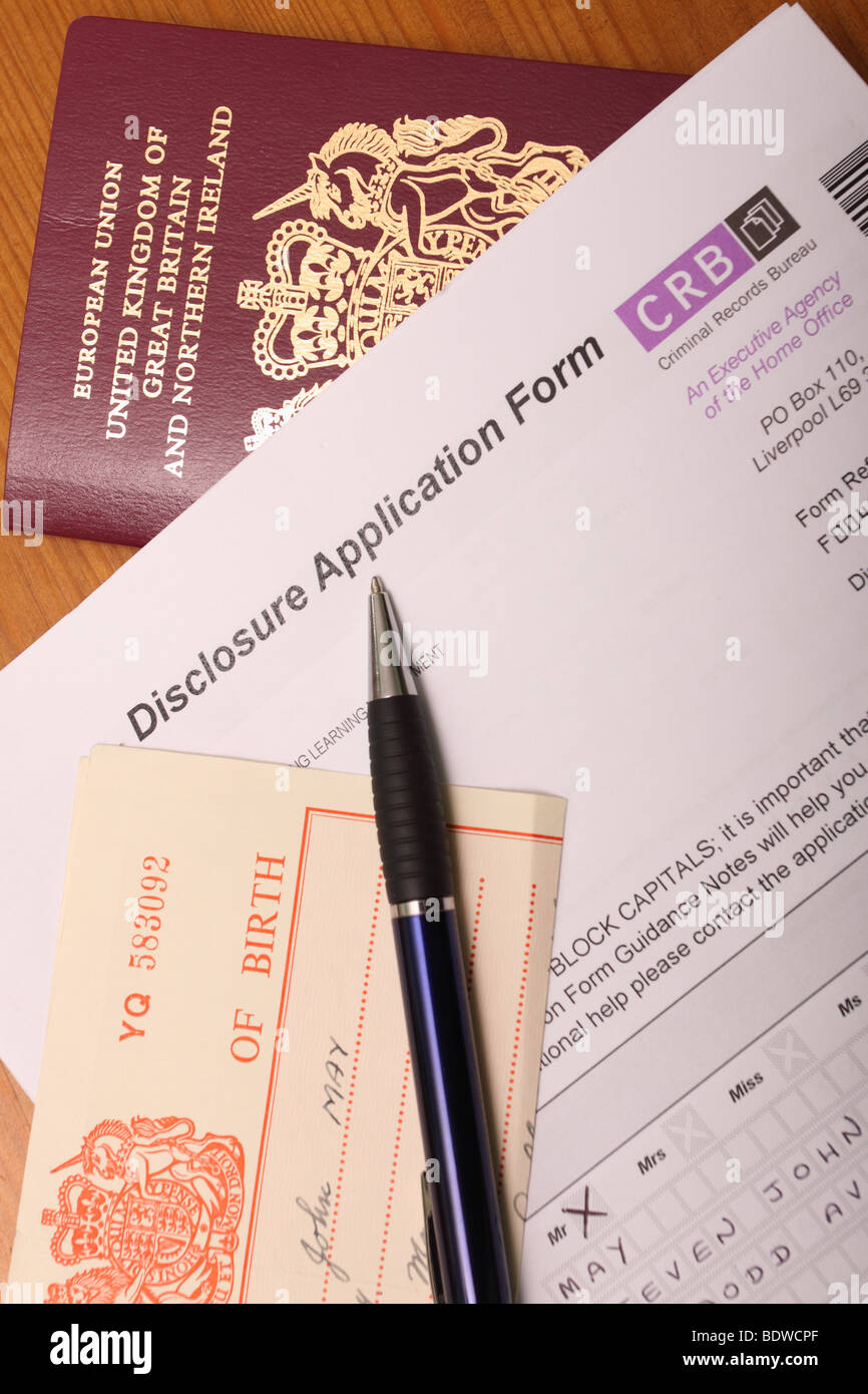 CRB Criminal Records Bureau disclosure identity ID check form Stock