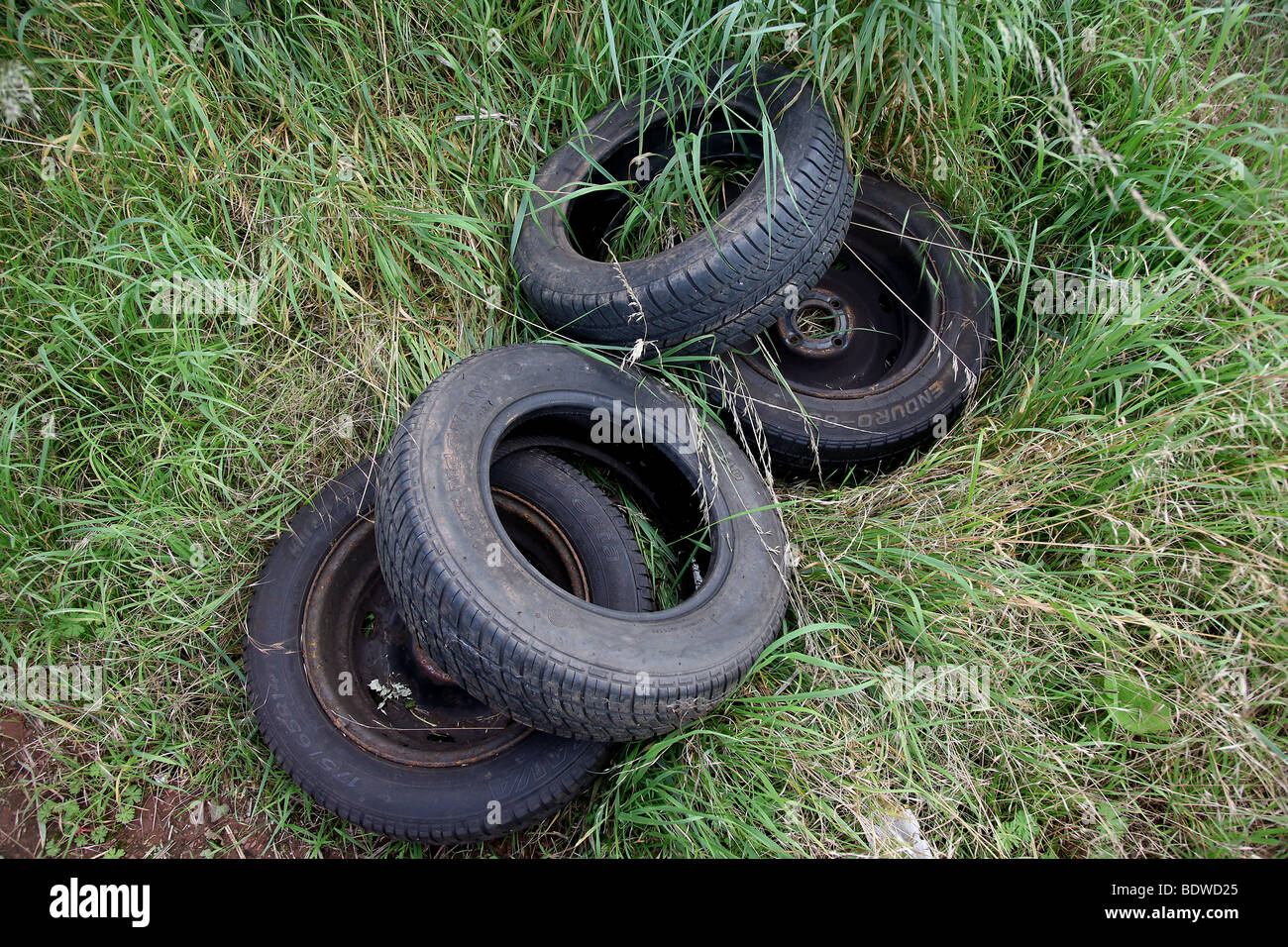 Picture by Mark Passmore. 05/09/2009. Discarded tyres spotted in a field near Tiverton, Devon. Stock Photo