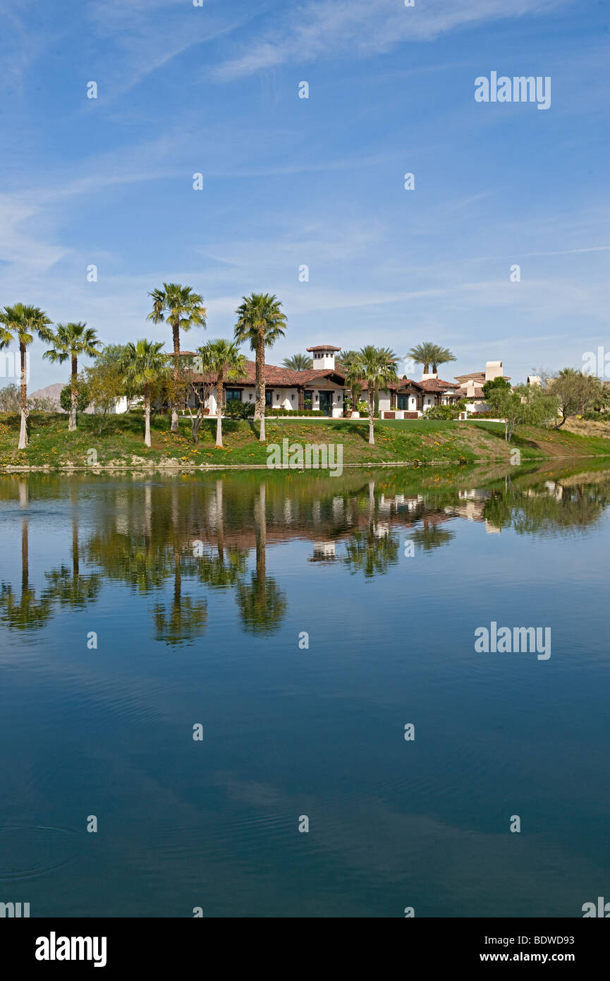 Vertical view of private estate overlooking lake on golf course Stock Photo