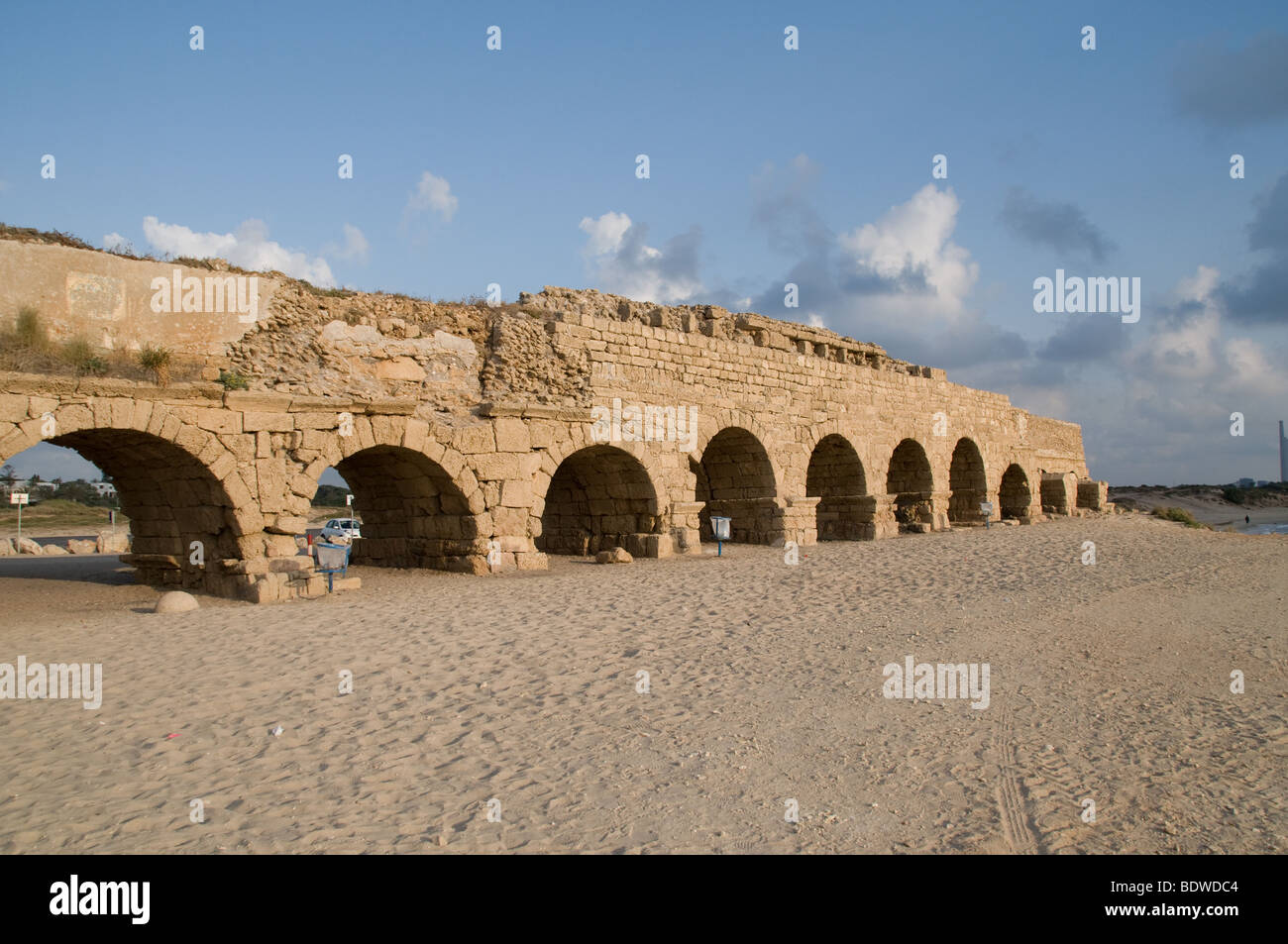 View of the Roman aqueduct in Caesarea, Israel Stock Photo