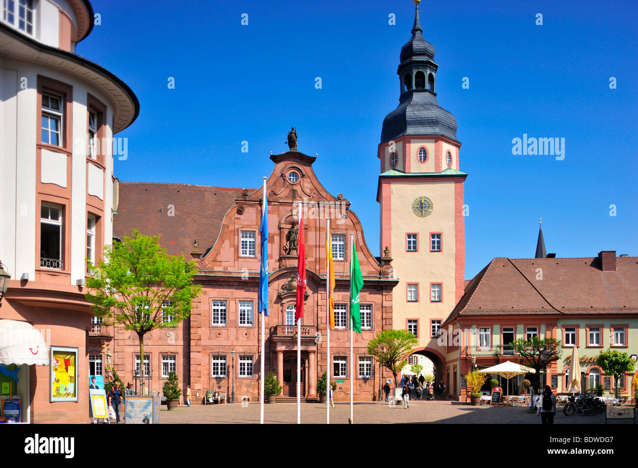 Market square with town hall and town hall tower, Ettlingen, Germany