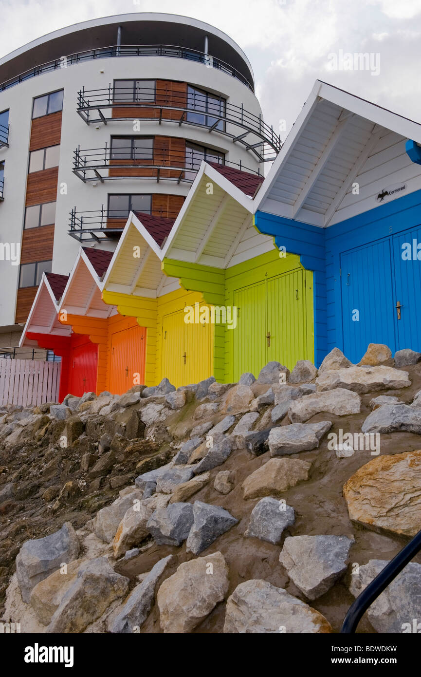The Sands apartments and colourful beach huts, North Bay, Scarborough