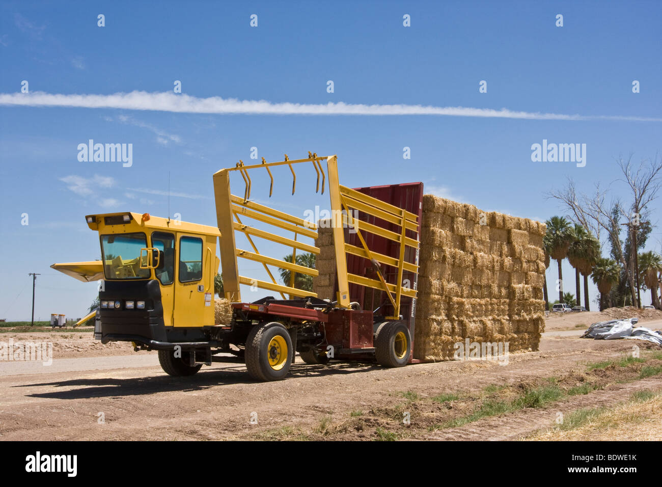 A field stacking machine deposits or road sides a load of wheat bales near a road located in the Imperial Valley, California Stock Photo