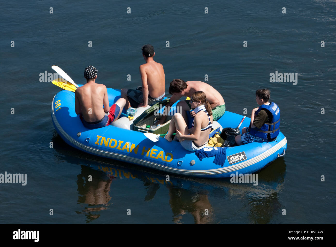 People on a float trip down the Delaware River. Raft, float, rubber