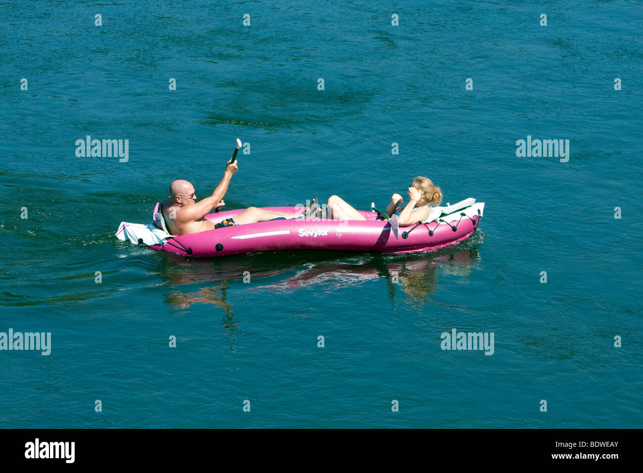 People on a float trip down the Delaware River. Raft, float, rubber