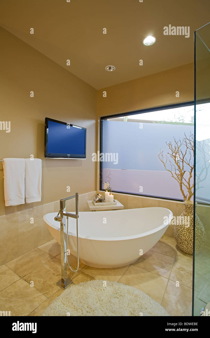 Modern Luxury Master Bath with Flat Screen TV and Soaking Tub Stock Photo