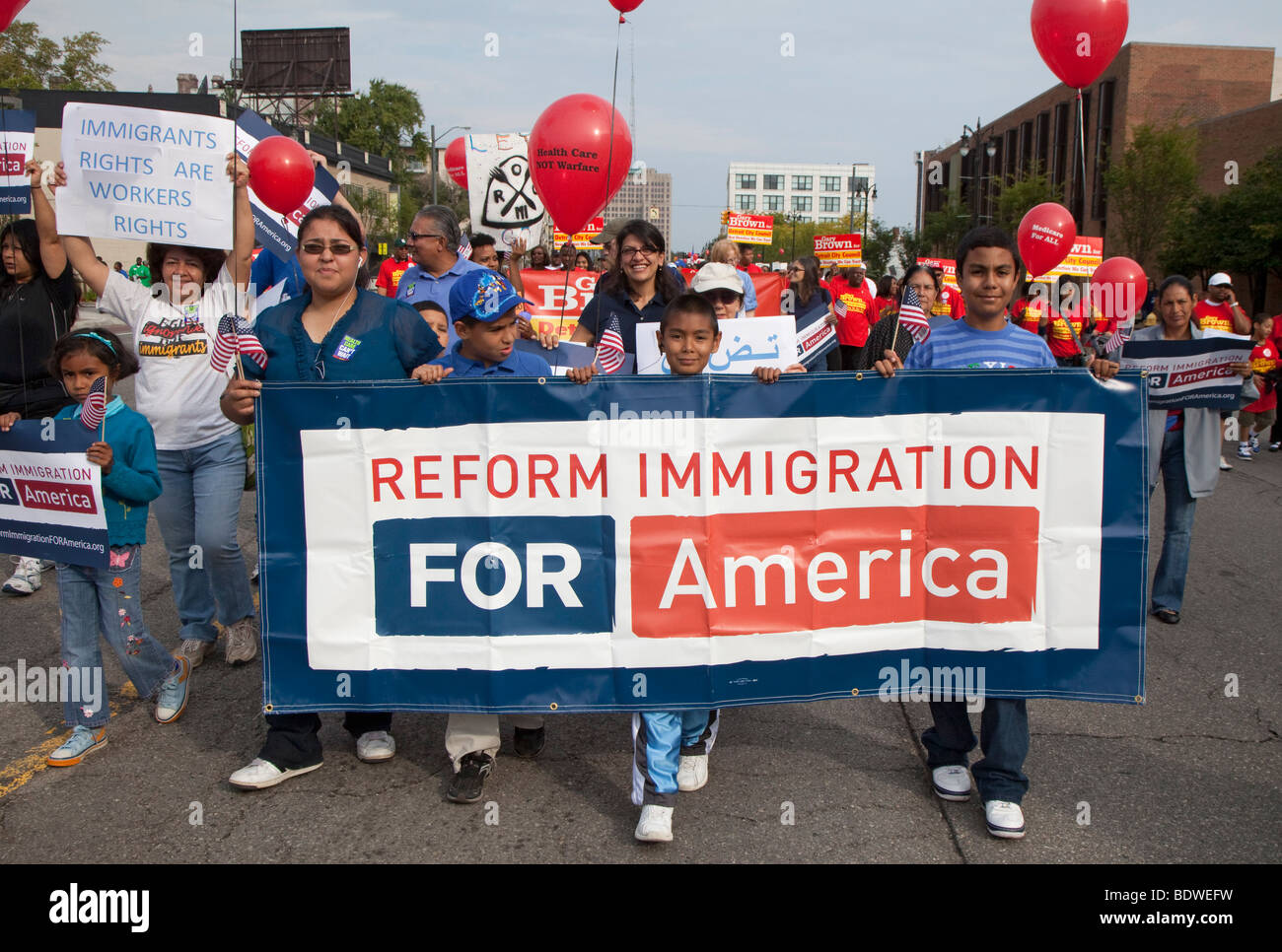 Detroit, Michigan - Immigration reform advocates at the Labor Day parade. Stock Photo