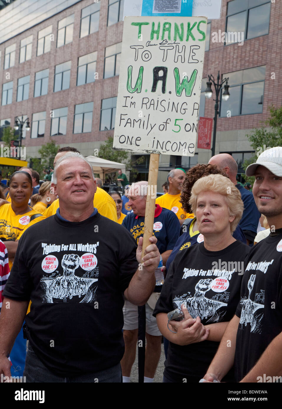 Detroit, Michigan - A member of the United Auto Workers with his family at the Labor Day parade. Stock Photo