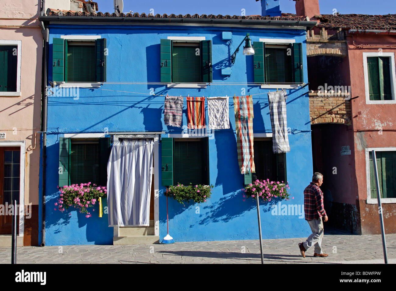 Brightly painted blue house on Burano island in the Venice lagoon, Venice, Veneto, Italy, Europe Stock Photo