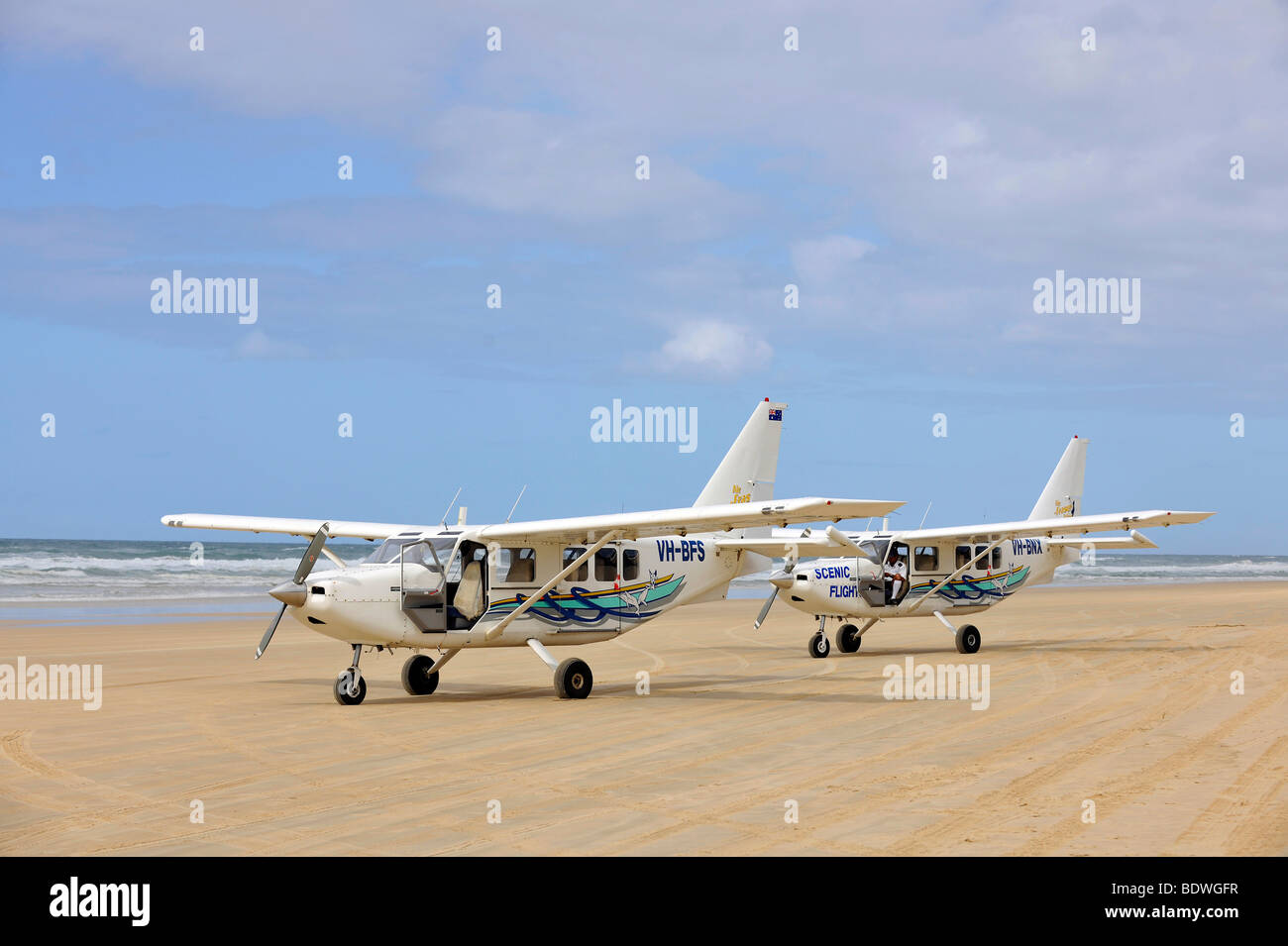 Aircraft on Seventy-Five Mile Beach, an official highway, the world's only official beach airport on a sand runway, UNESCO Worl Stock Photo