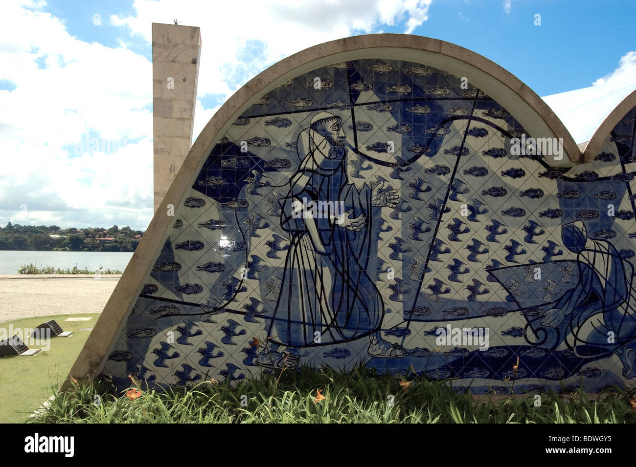 Blue tile panel by Portinari, famous Brazilian modern artist, at Pampulha church, Belo Horizonte, Minas Gerais, Brazil Stock Photo