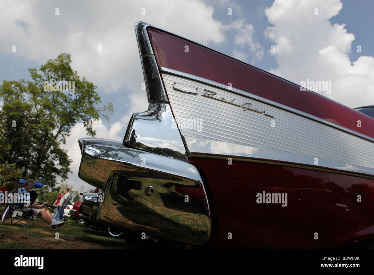 1957 chevy belair fins. low angle. Smithville, Indiana car show. Stock Photo