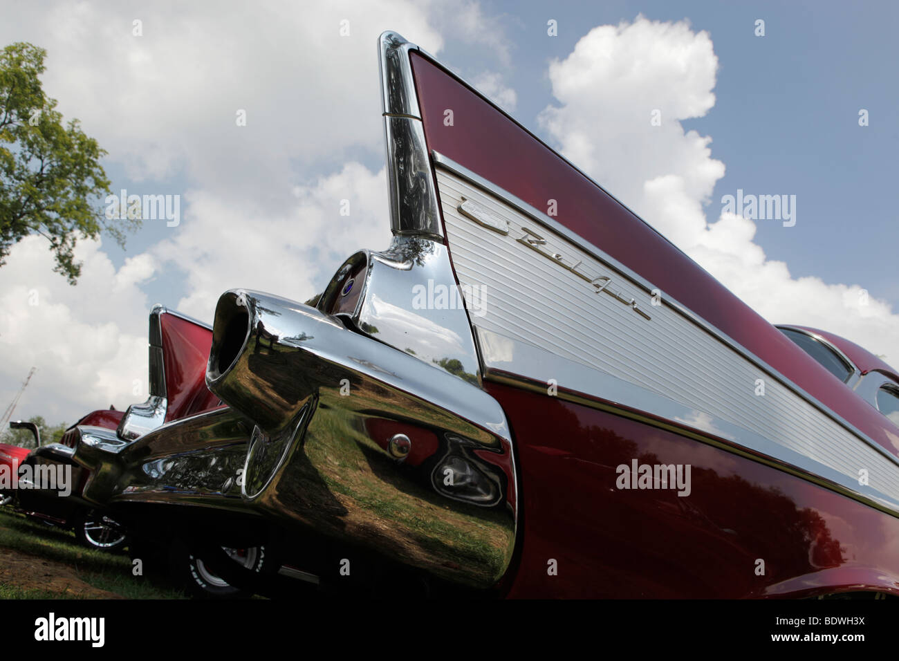 1957 chevy belair fins. low angle. Smithville, Indiana car show. Stock Photo
