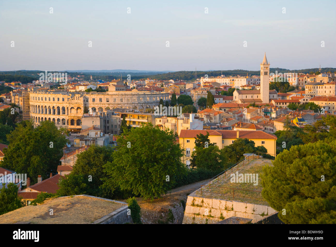 View on the city with Roman Arena from Pula Castle, Kastel, Pula, Istria, Croatia, Europe Stock Photo