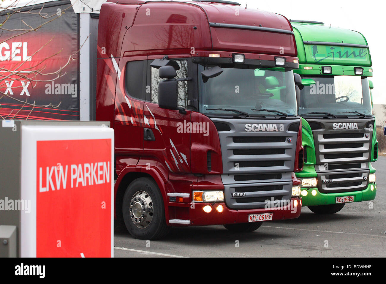 Truck parking, 2 Scania trucks Stock Photo