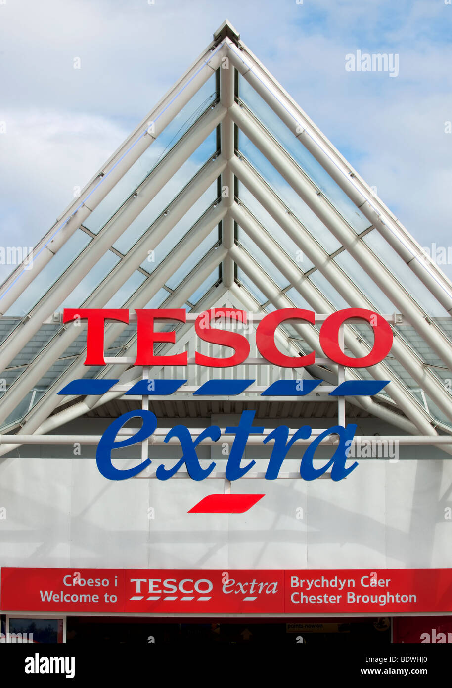 Sign over a Tesco Extra store in North Wales in both Welsh and English