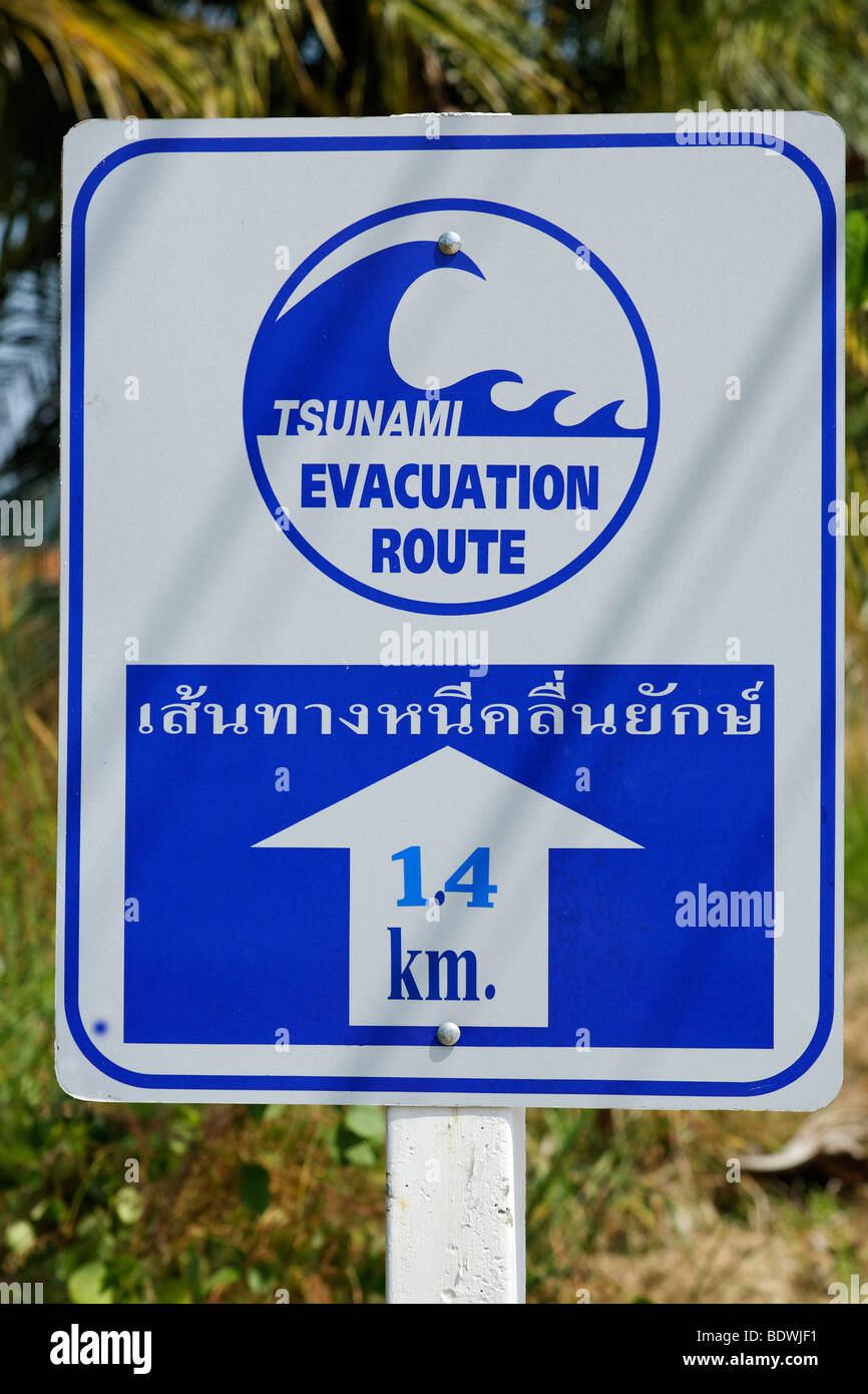 Tsunami warning sign showing escape routes, evacuation route, Khao Lak, Phuket, Thailand, Asia Stock Photo