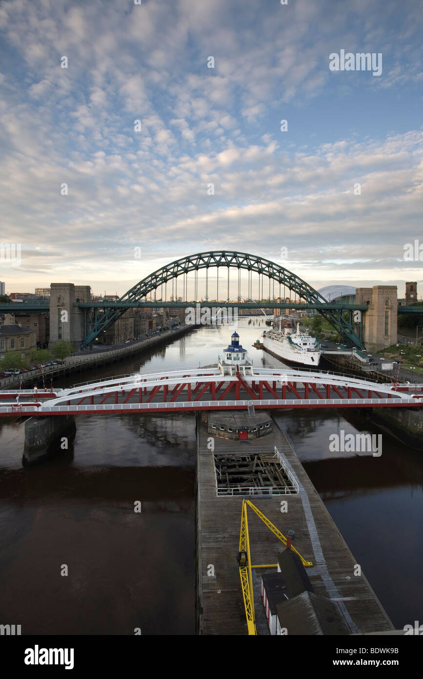 The Swing Bridge and Tyne Bridge crossing the River Tyne between Newcastle and Gateshead, as viewed from the High Level Bridge Stock Photo