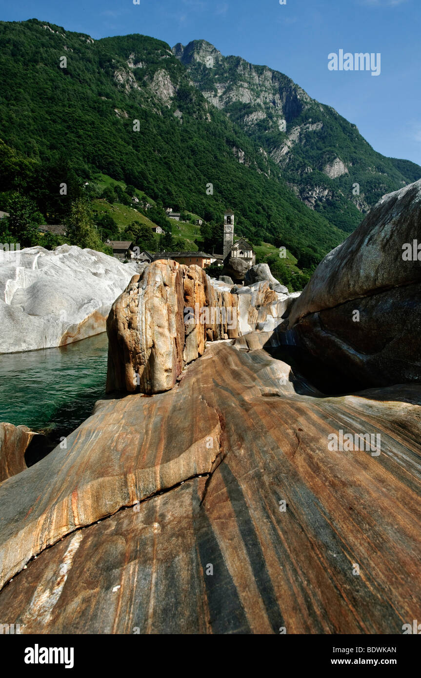 Geological formation in Lavertezzo by Versasca, Valle Verzasca Stock
