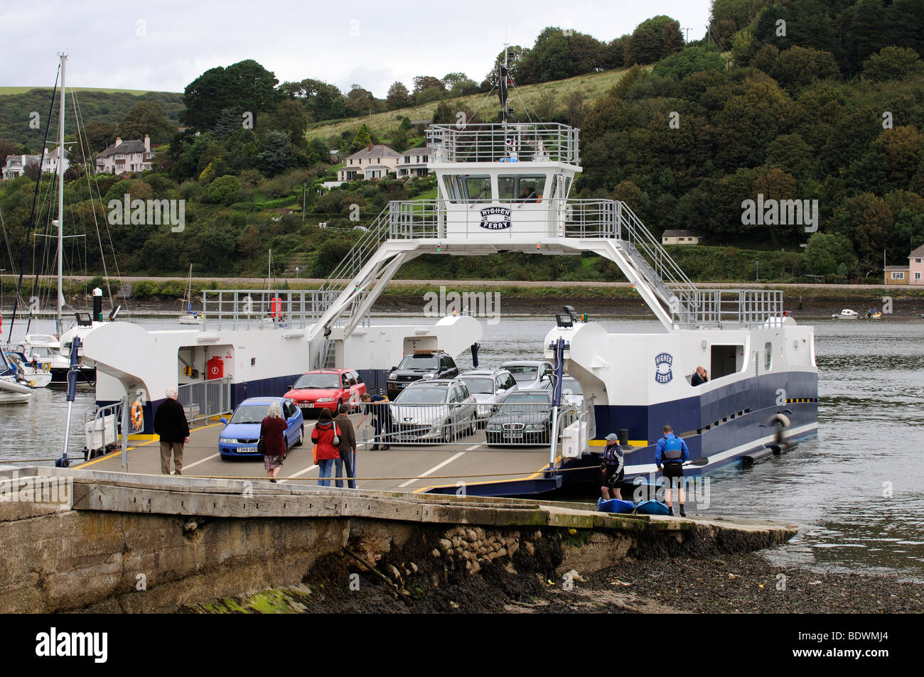 The Higher Ferry a car and passenger roro vessel on the River Dart at Dartmouth South Devon England UK Stock Photo