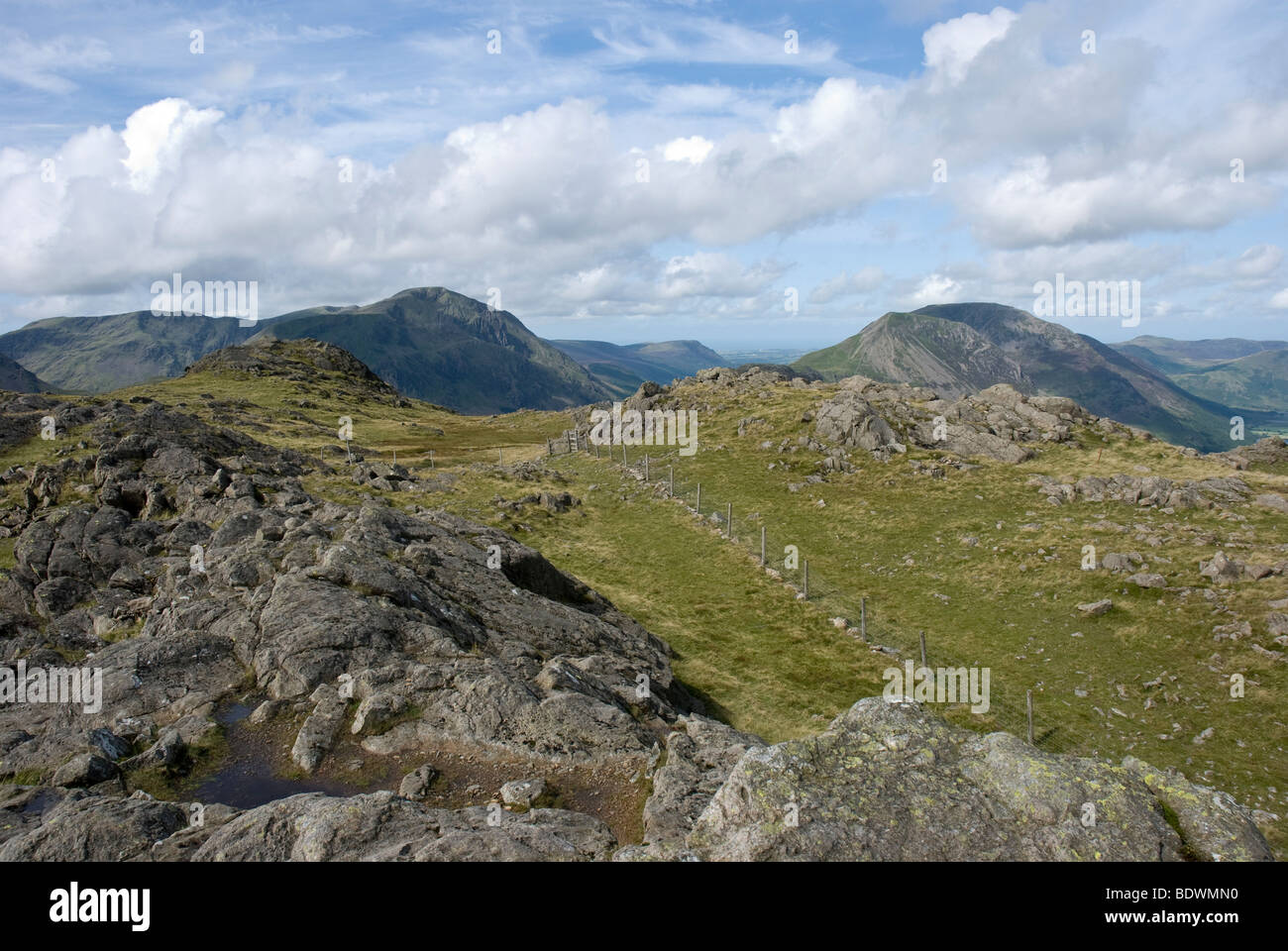 View across Cumbrian Mountains from Grey Knotts towards Pillar, Red Pike, High Crag and High Stile Stock Photo
