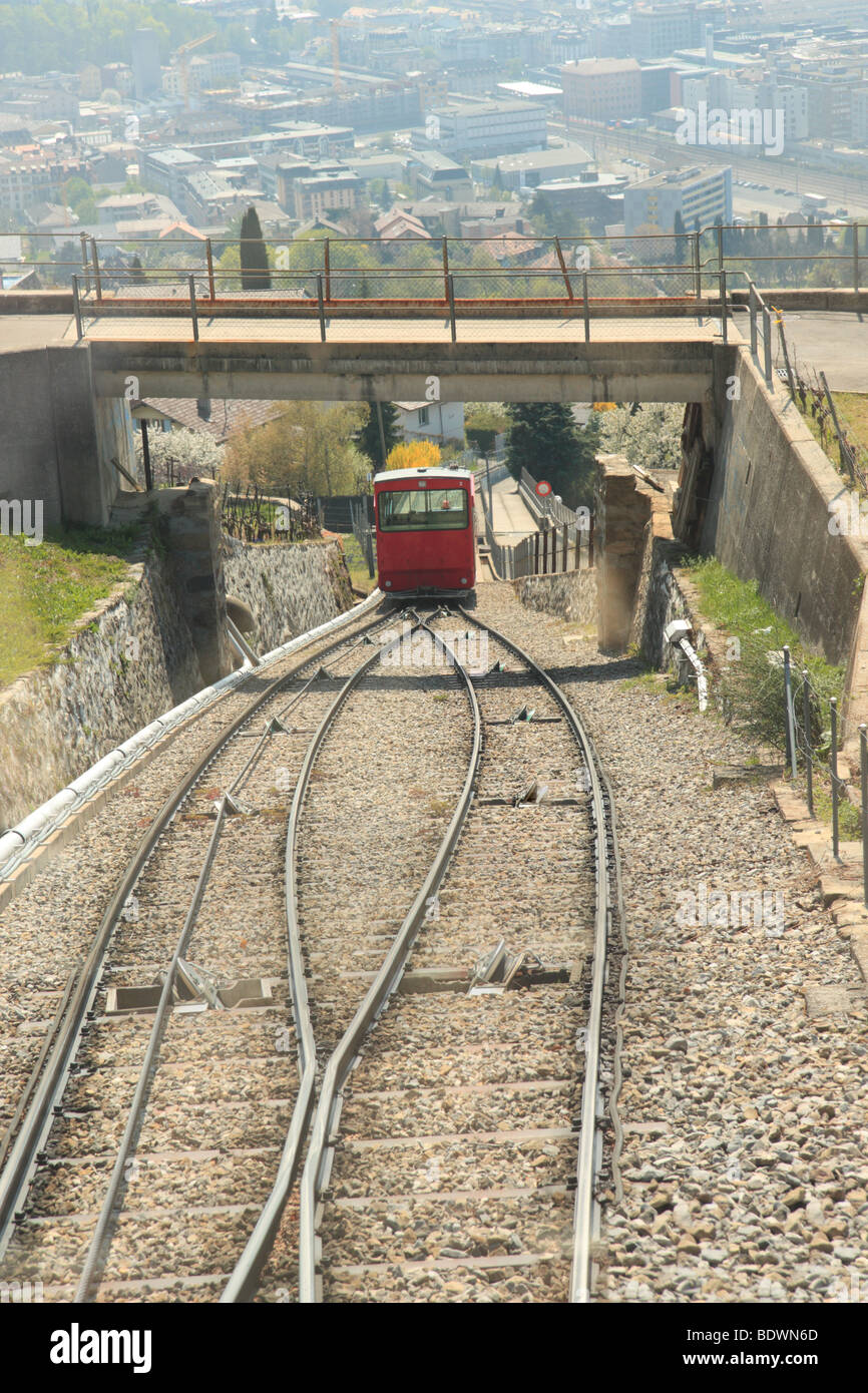 Cable car rising up the mountain near Vevey Switzerland Stock Photo