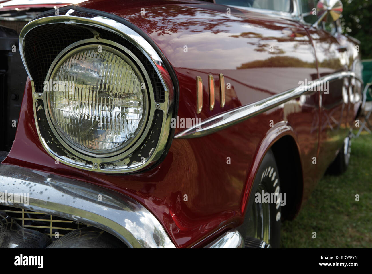 1957 chevy belair. headlight. Smithville, Indiana car show. Stock Photo