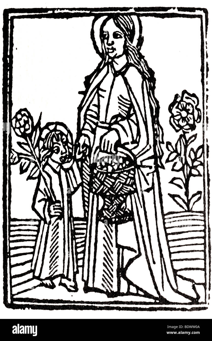 w de worde 1507 4 sept voragine jacobus de legenda sctor jesus as a child wearing a cruciform nimbus a flower in his right hand Stock Photo