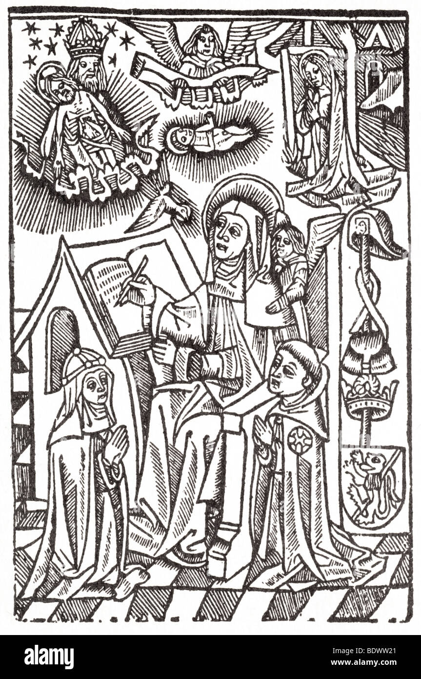 w de worde 1526 bonde william pilgramage of perfection st bridget of sweden a nun kneeling st bridget facing left wearing a doub Stock Photo