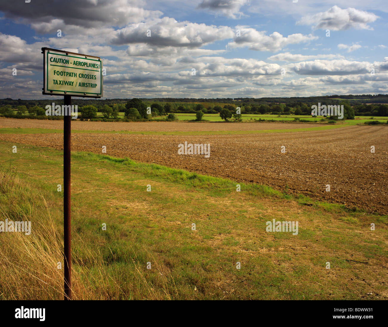 Caution Aeroplanes sign. The Weald, Eden Valley, Edenbridge, Kent, England, UK. Stock Photo