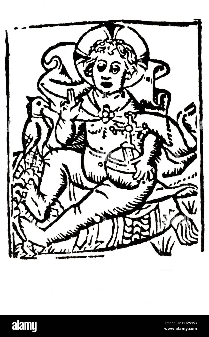 w de worde 1513 horae ad usum sarum de nomine jesu the infant jesus curly haired in a black and white cruciform nimbus seated on Stock Photo