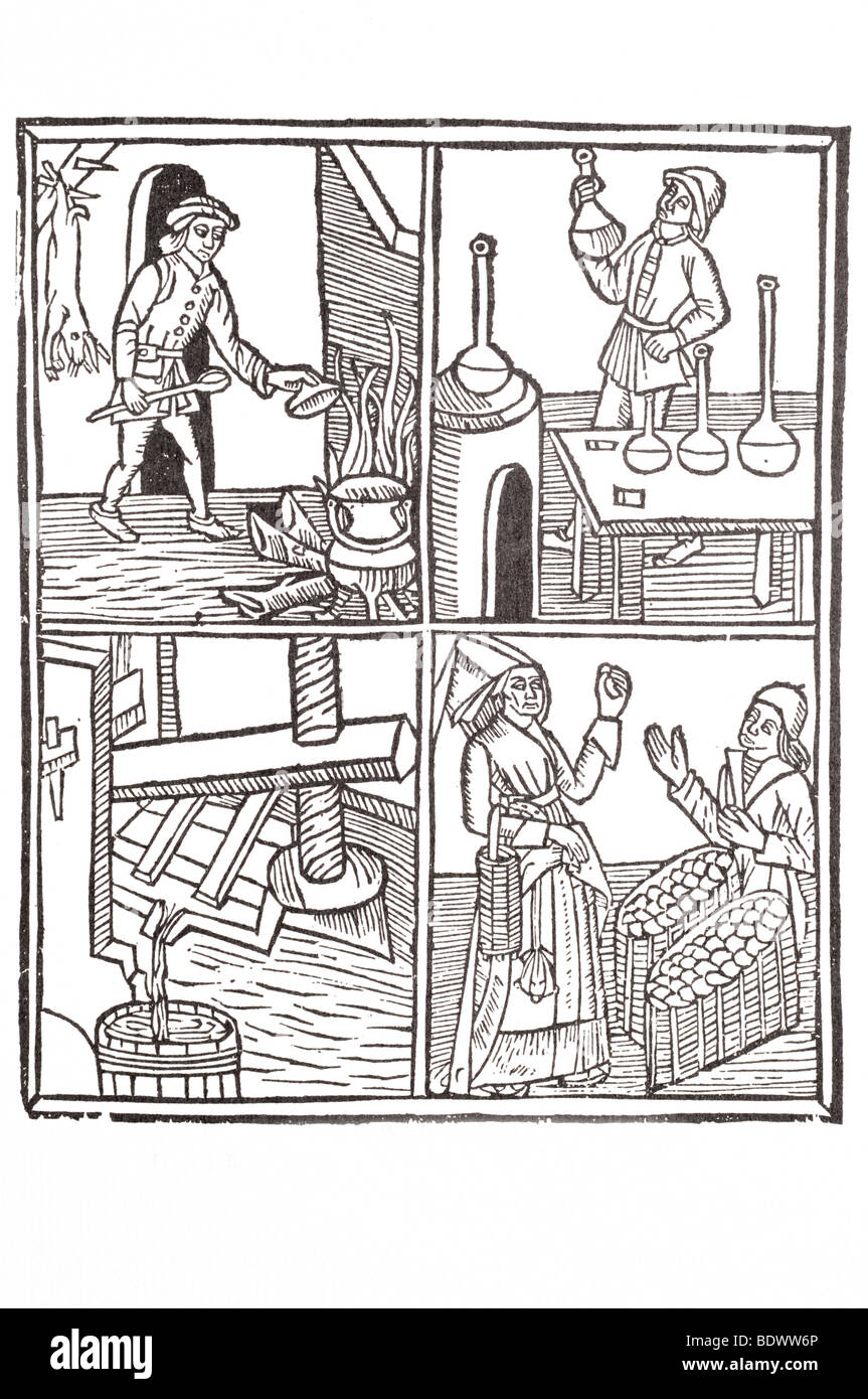 w de word 1495 bartholomaeus anglicus de proprietatibus a wine press a woman inspecting an egg a merchant with two baskets of eg Stock Photo