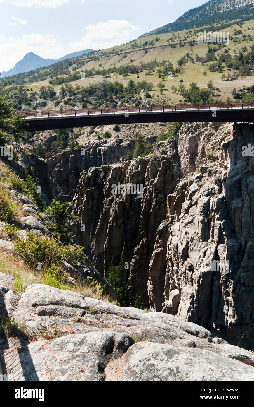 Bridge across the Sunlight Creek Gorge along the Chief Joseph Scenic Byway in Wyoming Stock Photo