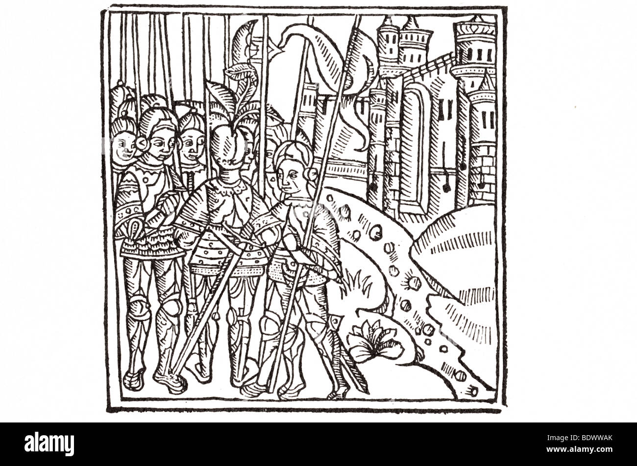 w de worde 1508 dystruction of jerusalem a band of knights on foot one with plumes and a sword slung beghind him has his back tu Stock Photo